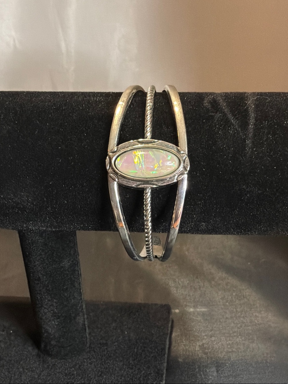 Silver inspired  Opal Cuff Bracelet - Iridescent White Stone
